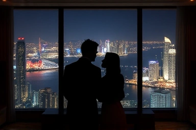 Hotel room with harbor view, romantic night, Hong Kong travel